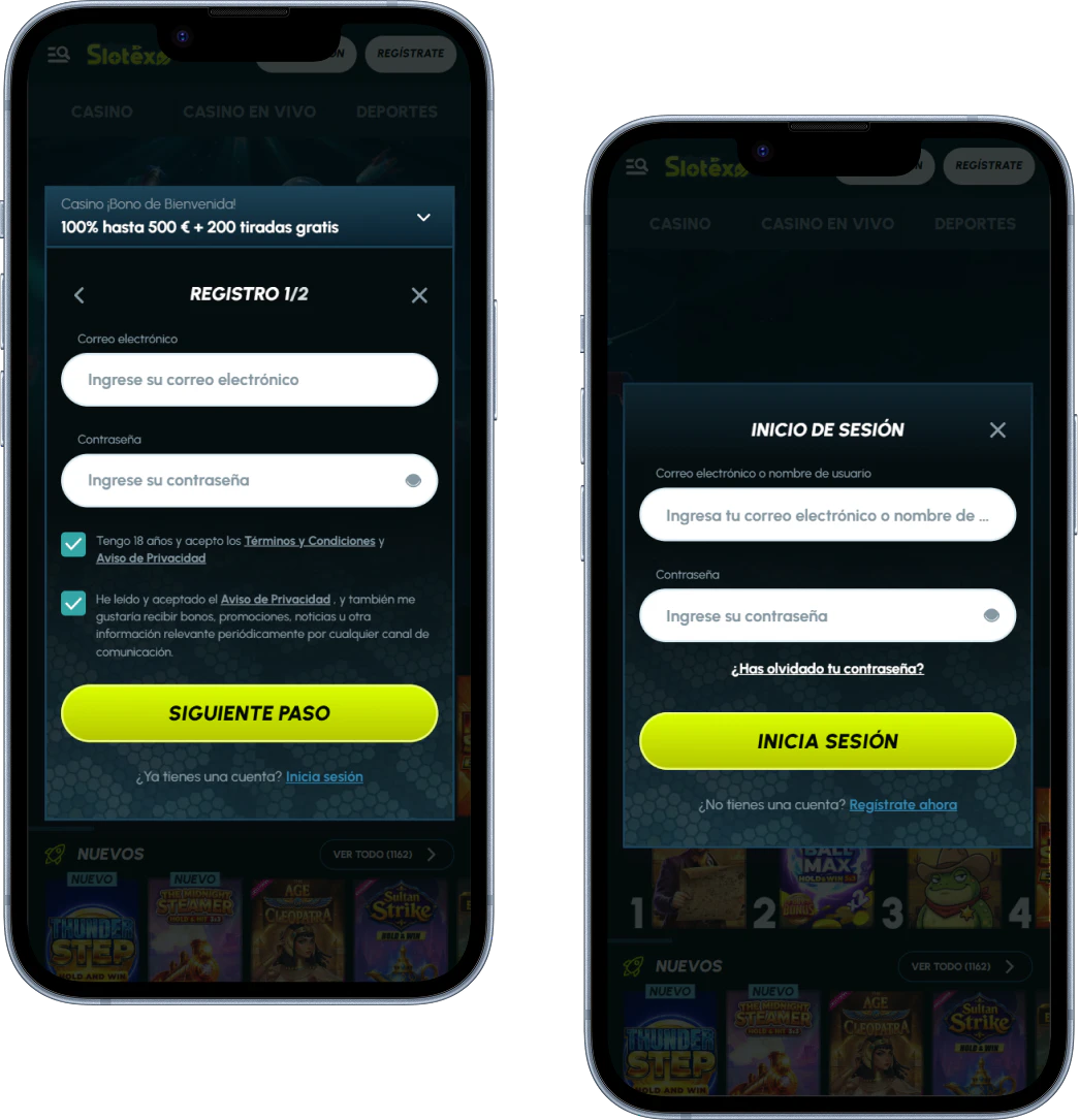 Registro e inicio de sesión en Slotexo
